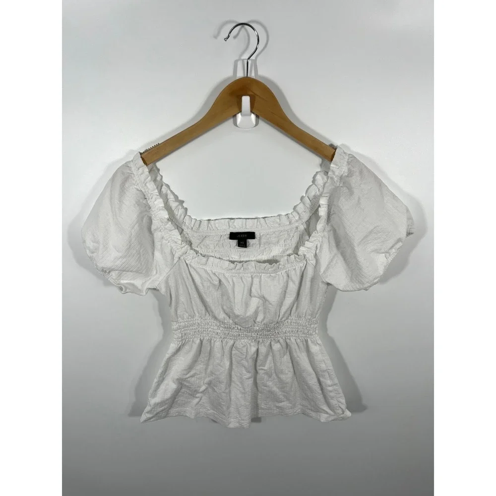 J Crew Womens Blouse XS White Puff Sleeve Milkmaid Peasant Cottage Boho Coastal